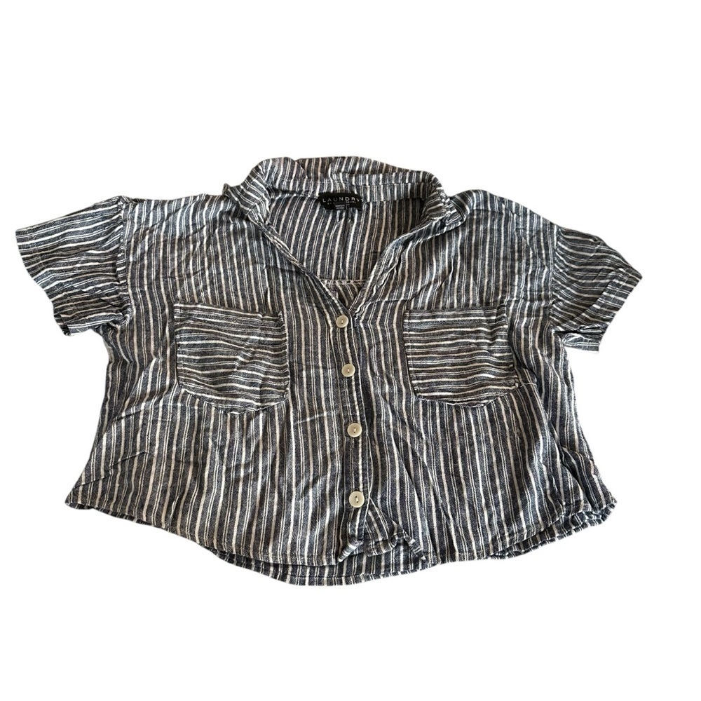 Laundry By Shelli Segal White and Blue Striped Cropped Blouse